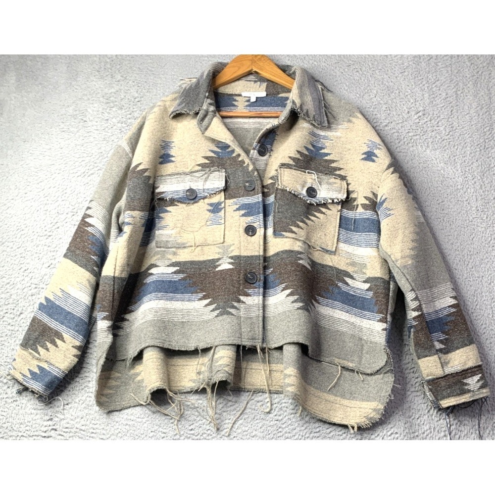 VEVERET Jacket Womens Large Southwestern Cropped Oversized Distressed Hi Low Hem